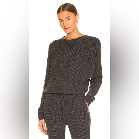 Beyond Yoga With The Band Pullover Waffle Thermal Sweatshirt in Washed Black - Picture 1 of 11